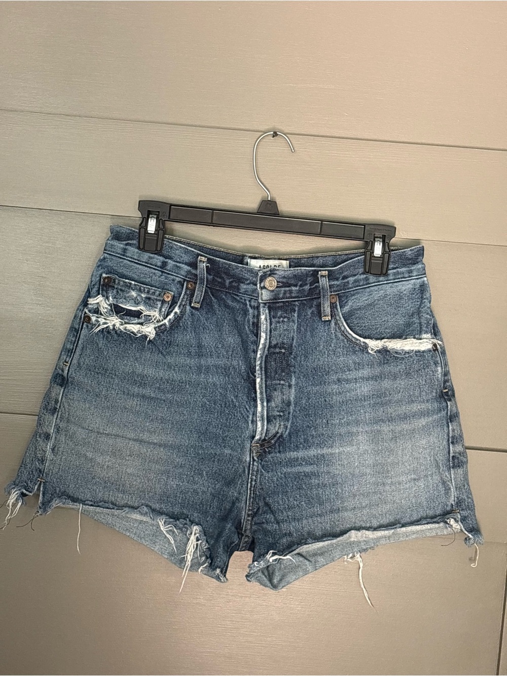 Agolde “Dee” Button Fly Distressed High-Rise Denim Shorts — Blue Wash